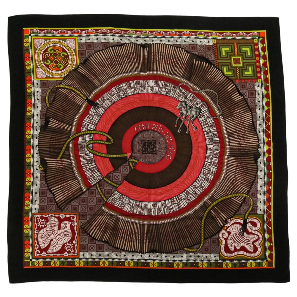 【中古】良品 HERMES エルメス CENT PLIS DES MIAO カレジェアン 140 カシシル 大判ショール ストール ブラック レッド レディース Luxs ブランド古着のリュクス
