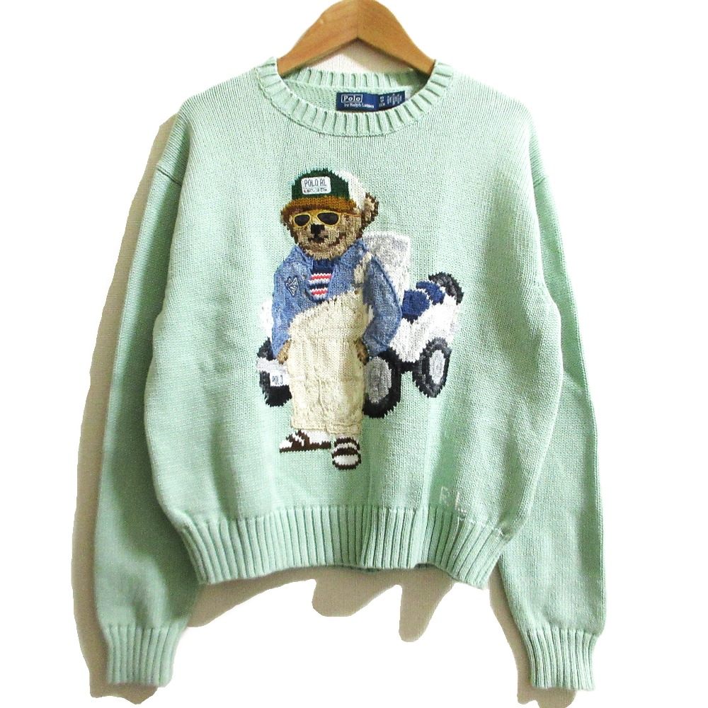 【中古】美品 Polo by Ralph Lauren ポロバイラルフローレン ポロベア インターシャ ニット セーター サイズXS ライトグリーン メンズ レディース Luxs ブランド古着のリュクス