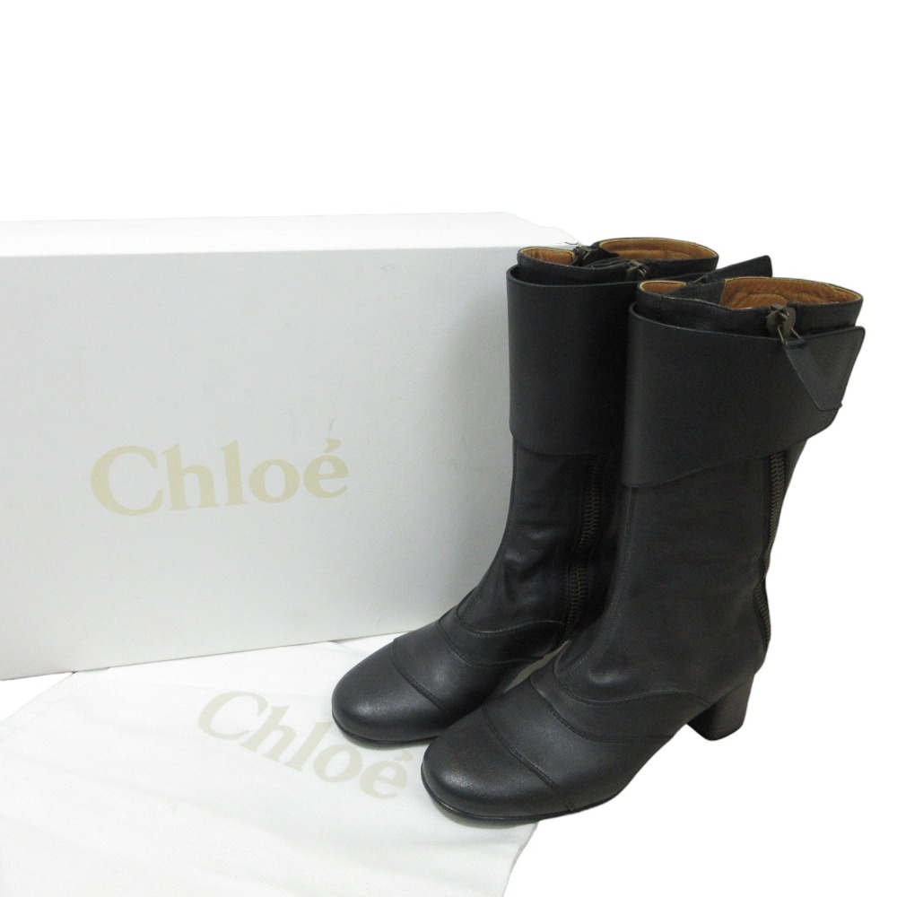 【中古】美品 Chloe クロエ レザー ミドル丈 アンクルブーツ 37 約24cm ブラック レディース Luxs ブランド古着のリュクス