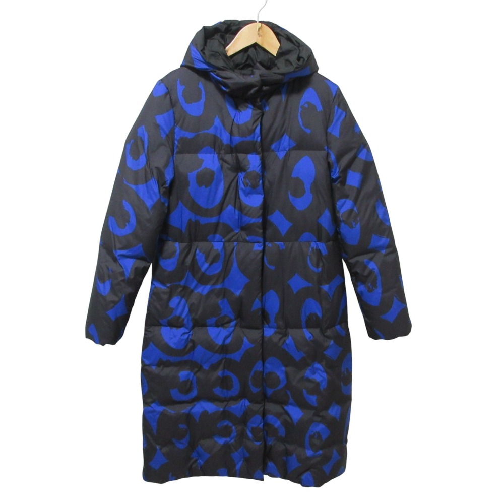 【中古】美品 Marimekko マリメッコ KISSAPOLLO ロングダウンコート XS ブルー ブラック レディース Luxs ブランド古着のリュクス