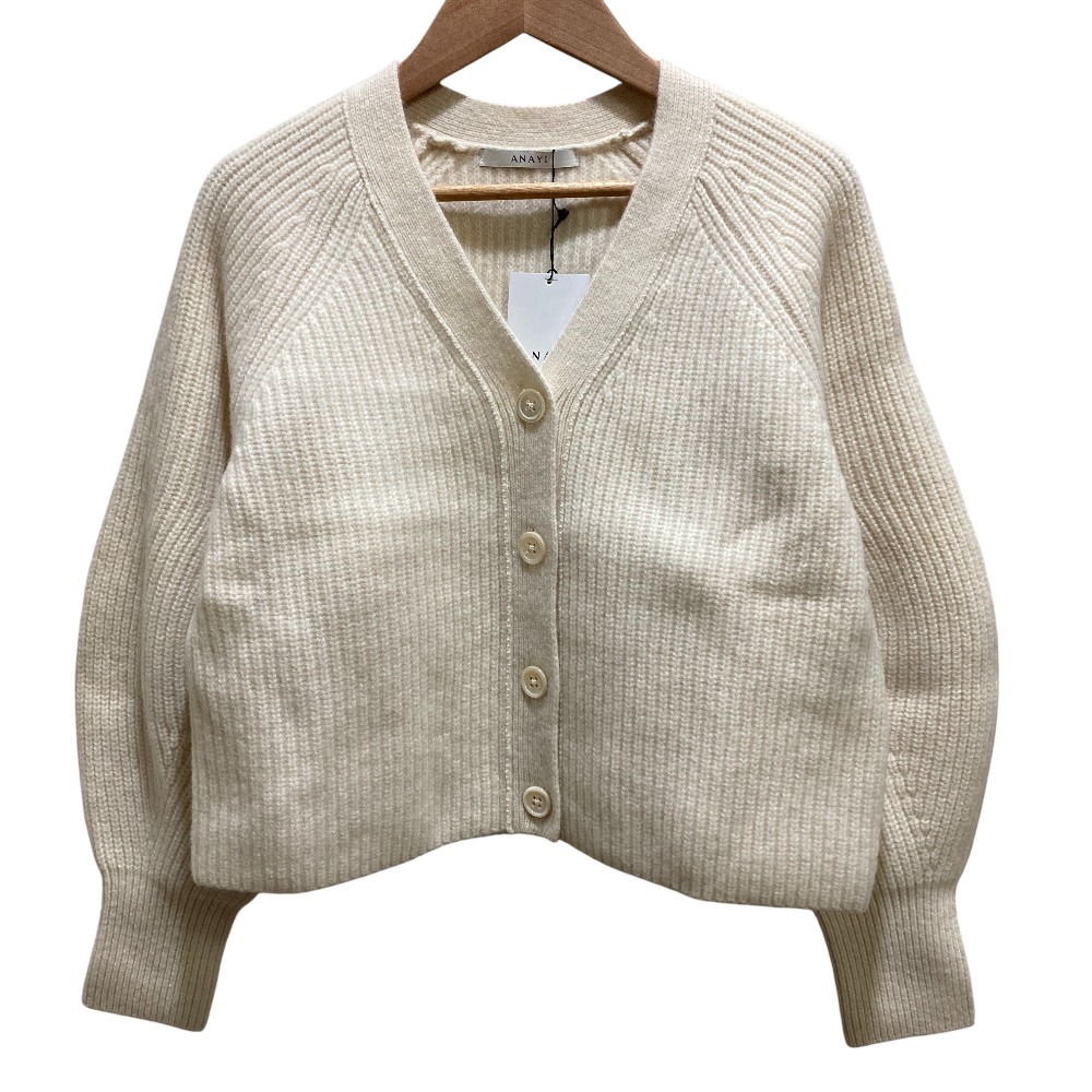 【中古】未使用 ANAYI アナイ ウールカシミヤ片畦Ｖネック カーディガン SIZE36 ホワイト レディース Luxs ブランド古着のリュクス