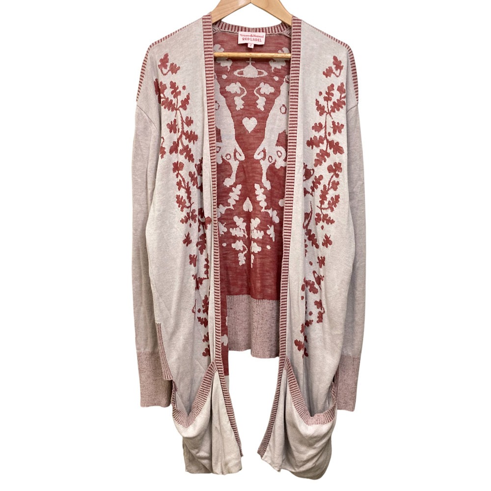 【中古】良品 Vivienne Westwood ヴィヴィアンウエストウッド レッドレーベル グラフィック ジャガード ロングカーディガン サイズ2 レッド系 レディース Luxs ブランド古着のリュクス