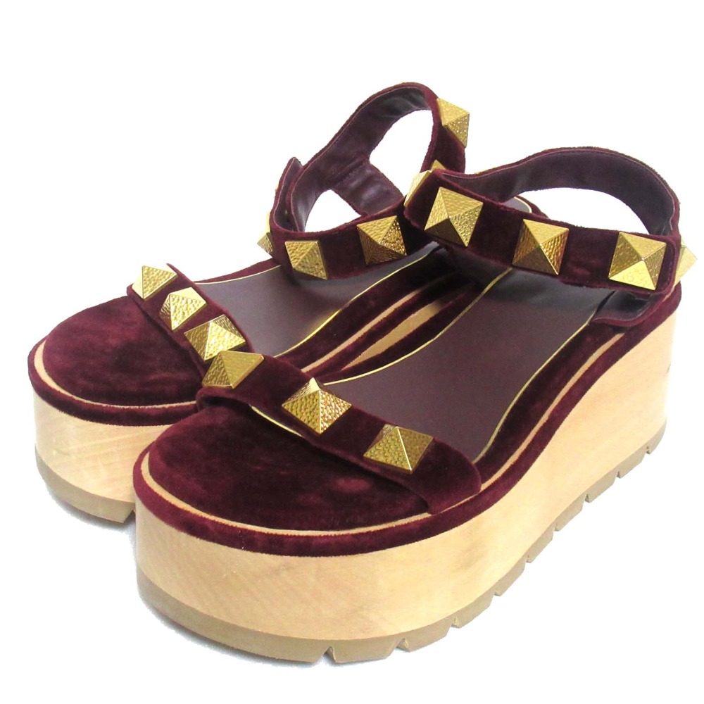【中古】美品 VALENTINO GARAVANI ヴァレンティノガラヴァーニ ローマンスタッズ ベロア プラットフォーム サンダル 37 約24cm ボルド－ レディース Luxs ブランド古着のリュクス