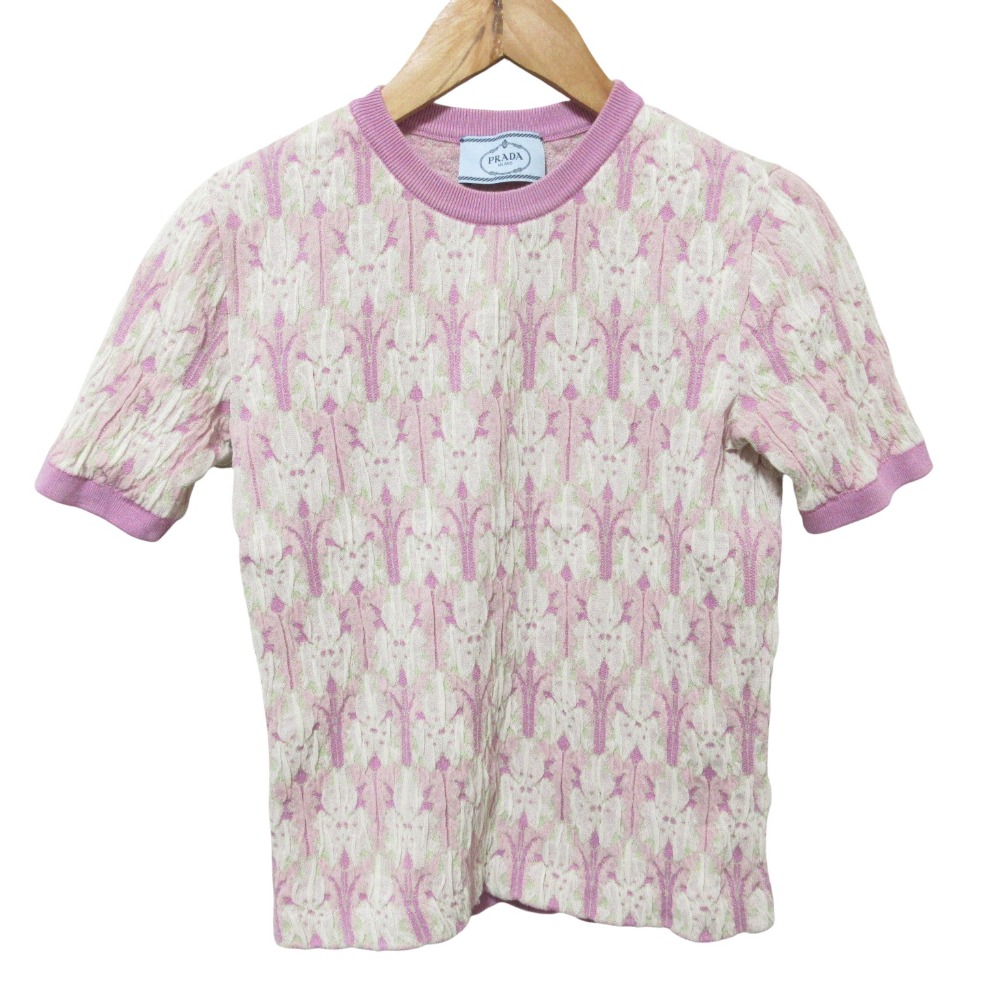 【中古】美品 PRADA プラダ フラワー ショートスリーブ ニット カットソー セーター 36 パープル ホワイト レディース Luxs ブランド古着のリュクス