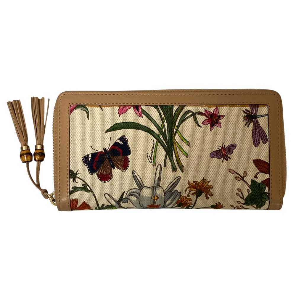 【中古】美品 GUCCI グッチ 日本上陸50周年モデル フローラ ラウンドファスナー バンブータッセル ロングウォレット 長財布 356708 ベージュ レディース Luxs ブランド古着のリュクス