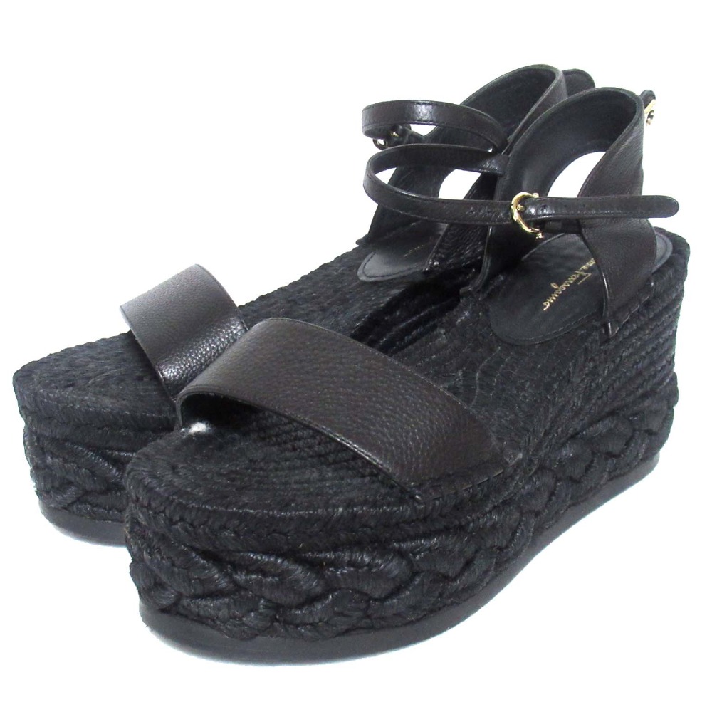 【中古】新品同様 Salvatore Ferragamo サルヴァトーレフェラガモ アンクルストラップ エスパドリーユ サンダル サイズ4.5C 約22cm ブラック レディース Luxs ブランド古着のリュクス