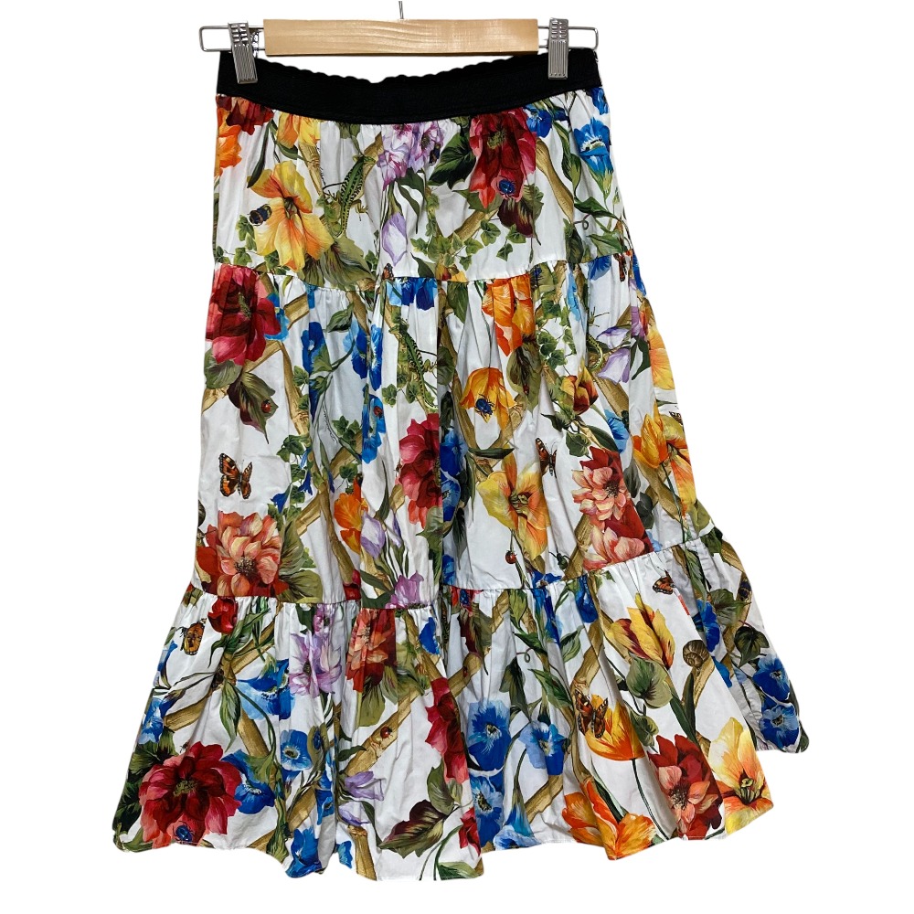 【中古】美品 DOLCE & GABBANA ドルチェ&ガッバーナ フラワー 昆虫柄 ギャザーロングスカート ホワイト レディース Luxs ブランド古着のリュクス|Luxs(ブランド古着のリュクス)