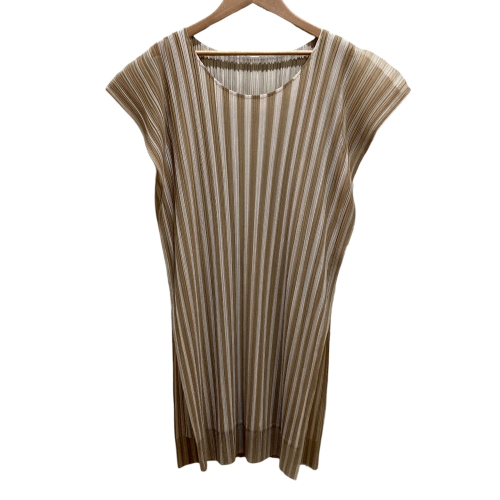 【中古】美品 PLEATS PLEASE ISSEY MIYAKE プリーツプリーズ イッセイミヤケ ストライプ シアー ワンピース PP41-JT677 SIZE3 ベージュ レディース Luxs ブランド古着のリュクス