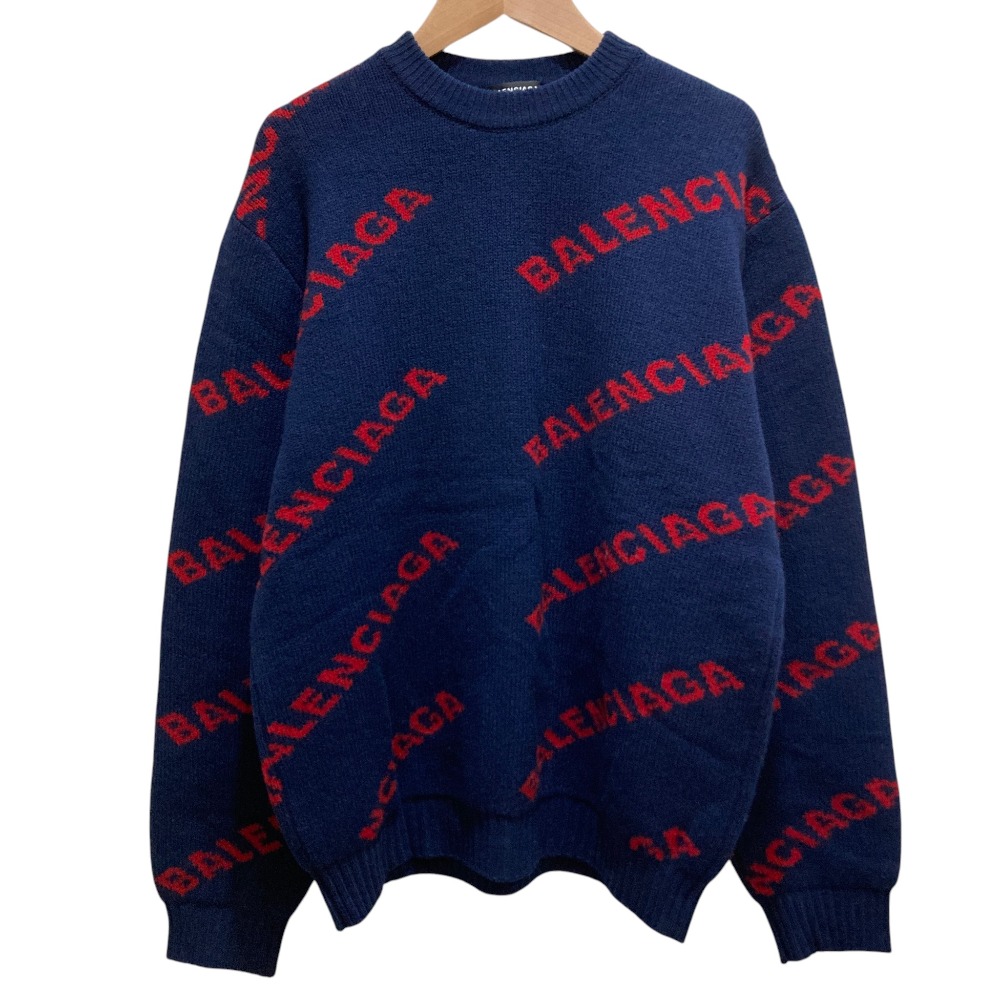 【中古】美品 BALENCIAGA バレンシアガ ロゴジャガード ニットセーター Sサイズ ネイビー メンズ レディース Luxs ブランド古着のリュクス