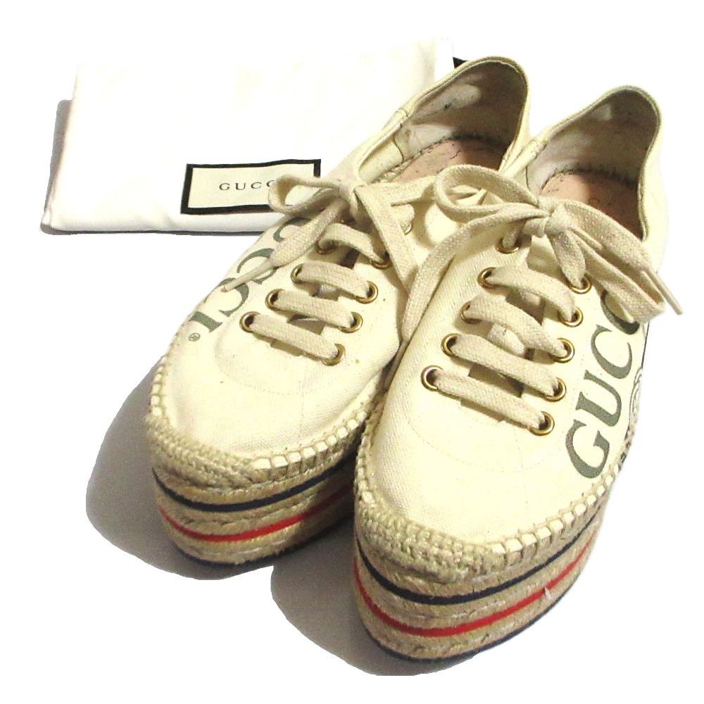 【中古】良品 GUCCI グッチ ロゴプリント エスパドリーユ プラットフォームシューズ 525711 サイズ35 1/2 約22.5cm オフホワイト レディース Luxs ブランド古着のリュクス｜Luxs（ブランド古着のリュクス）