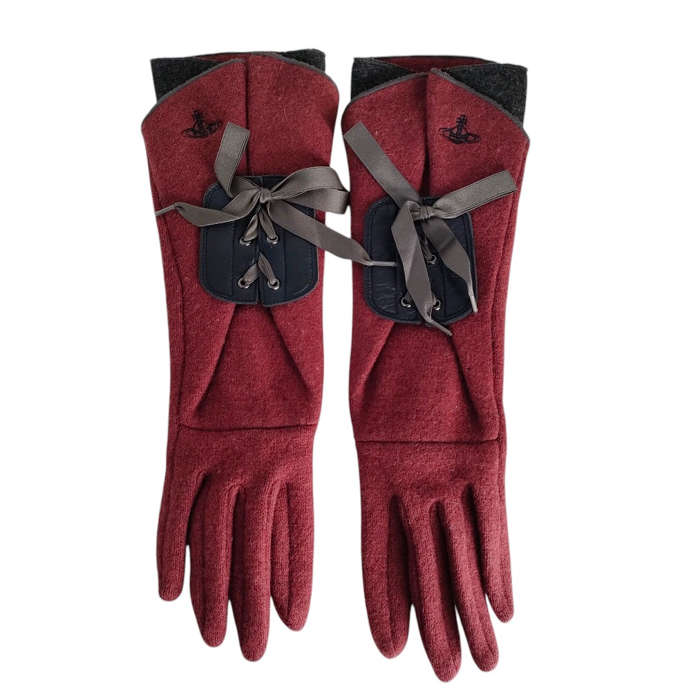 【中古】美品 Vivienne Westwood ヴィヴィアンウエストウッド オーブ刺繍 レースアップ ニット グローブ 手袋 レッド グレー レディース Luxs ブランド古着のリュクス