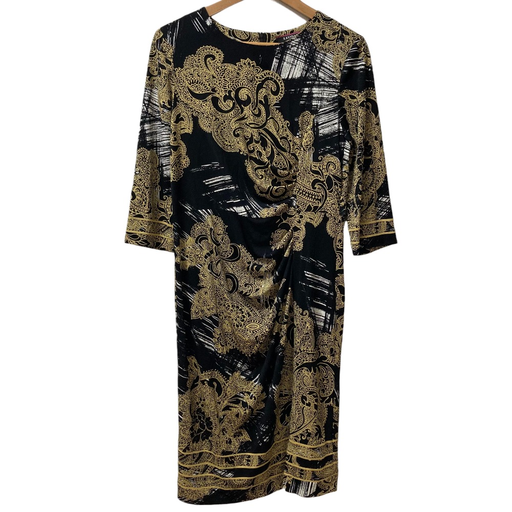 【中古】良品 LEONARD レオナール カンカンストレッチ 総柄 ワンピース サイズ42 ブラック×ゴールドカラー レディース Luxs ブランド古着のリュクス