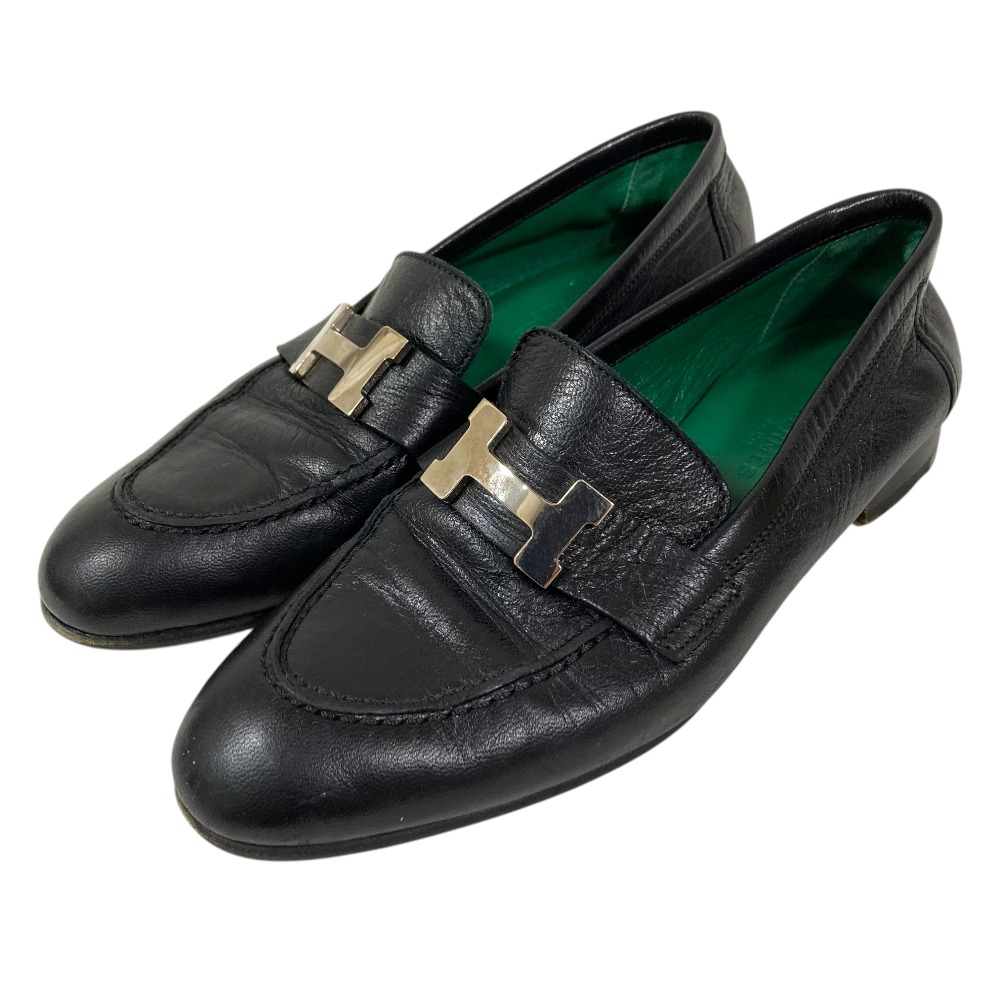 【中古】良品 HERMES エルメス モカシンパリ Hバックル ローファー サイズ34.5 約21.5cm ブラック レディース Luxs ブランド古着のリュクス