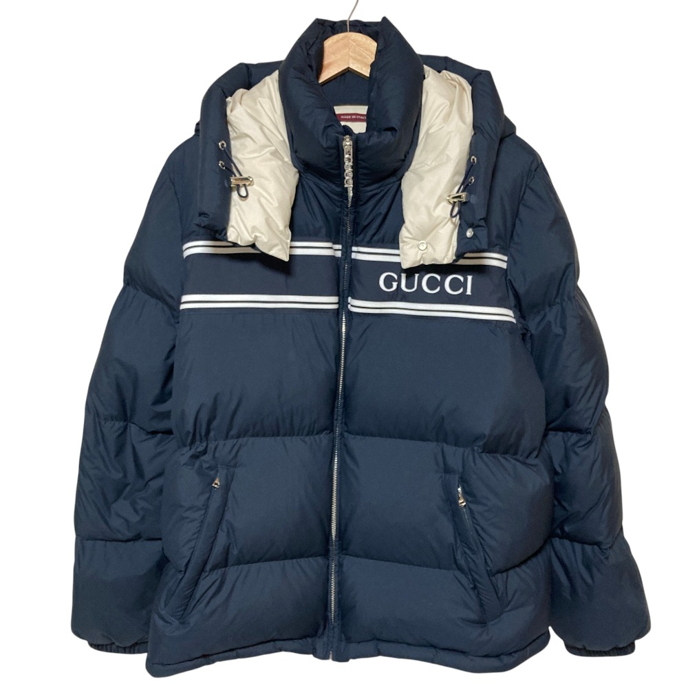 【中古】良品 GUCCI グッチ LOGO HOODED DOWN JACKETS ロゴ フーデッド ダウンジャケット 794822 サイズ46 ネイビー メンズ Luxs ブランド古着のリュクス