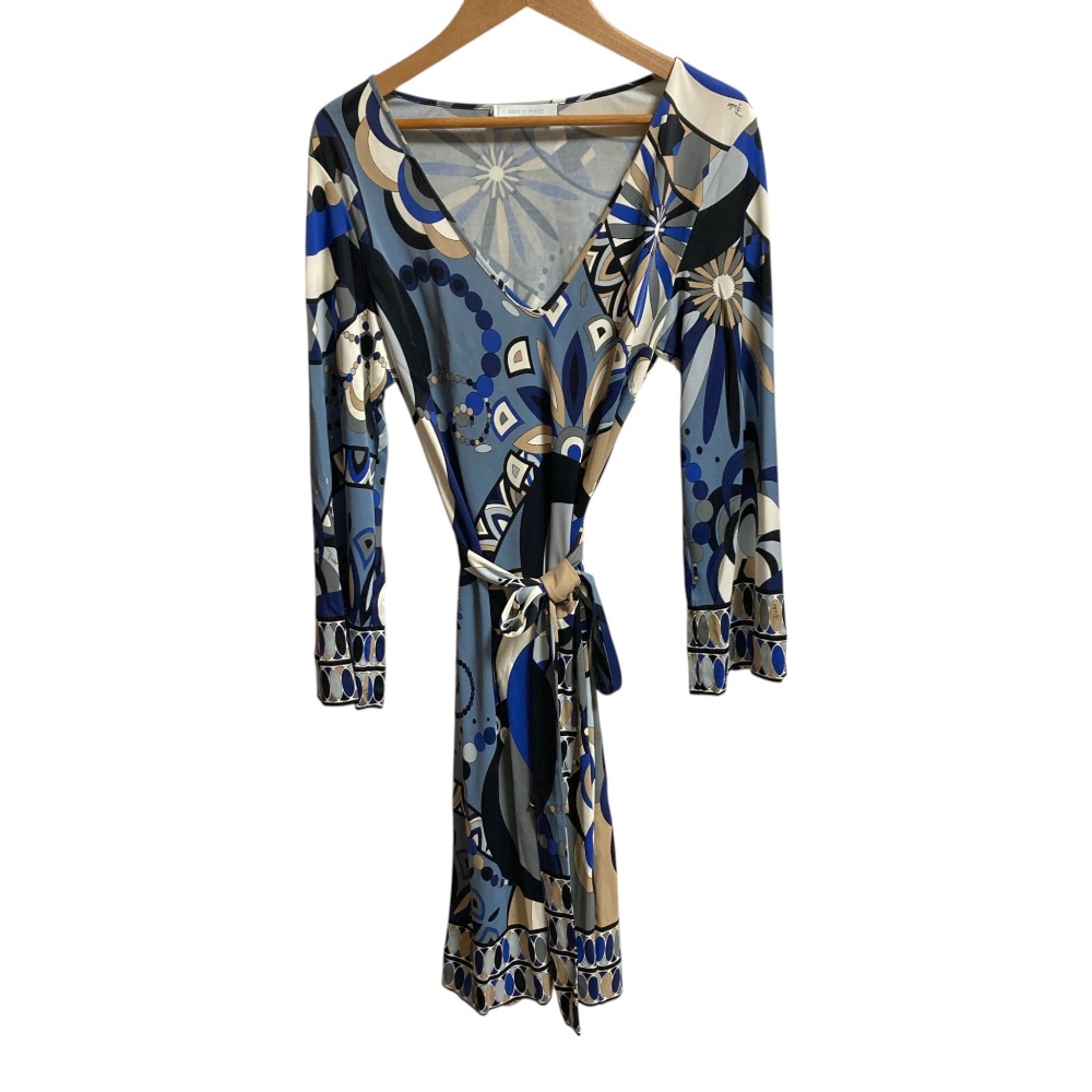 【中古】良品 Emilio Pucci エミリオプッチ Vネック レーヨンワンピース サイズ40 ブルー レディース Luxs ブランド古着のリュクス