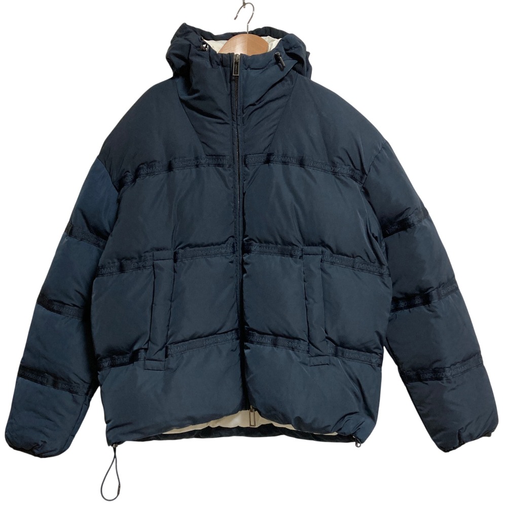 【中古】美品 23AW EMPORIO ARMANI エンポリオアルマーニ ロゴライン フーデッド ダウンジャケット サイズ50 ネイビー メンズ Luxs ブランド古着のリュクス