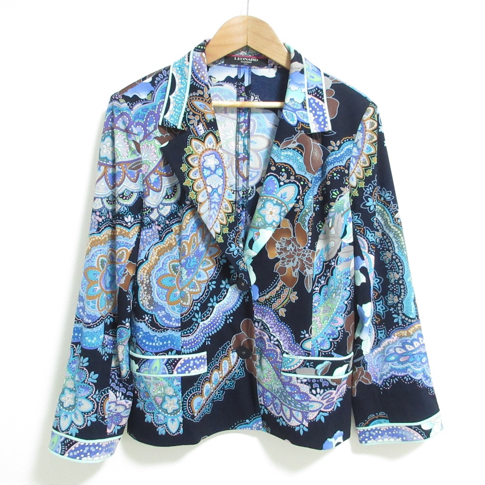 【中古】良品 LEONARD FASHION レオナールファッション カンカンストレッチ フラワーペイズリープリント ジャケット LLサイズ ネイビー レディース Luxs ブランド古着のリュクス