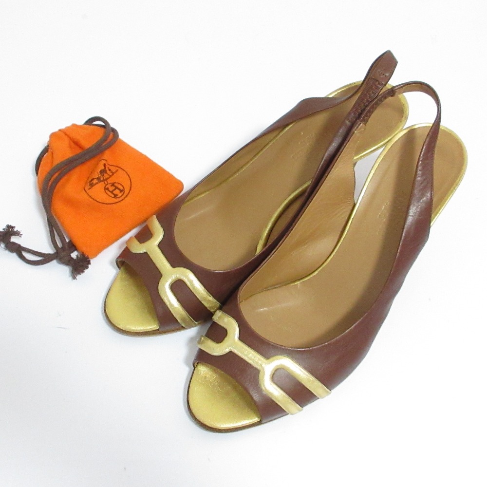 【中古】良品 HERMES エルメス レザー オープントゥ スリングバックパンプス 36 23cm相当 ブラウン レディース Luxs ブランド古着のリュクス