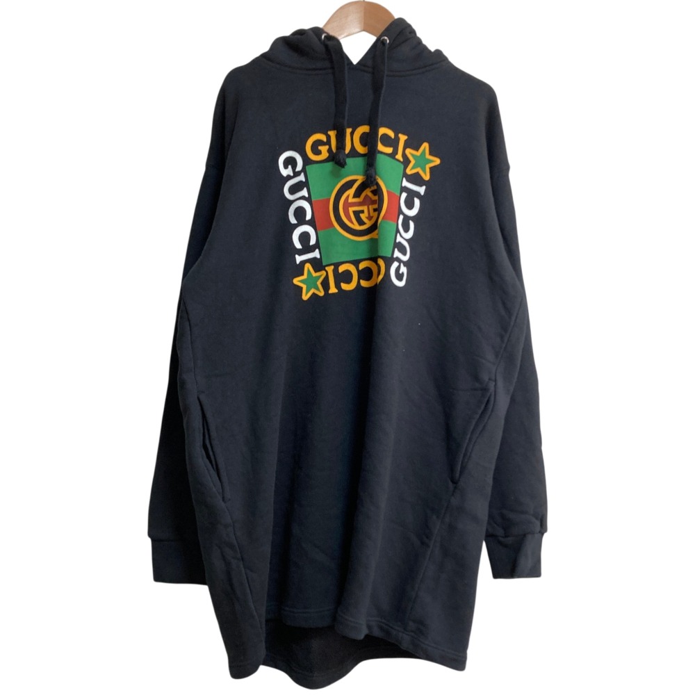 【中古】美品 GUCCI グッチ ロゴプリント スウェットロングパーカー ワンピース 610144 サイズM ブラック レディース Luxs ブランド古着のリュクス
