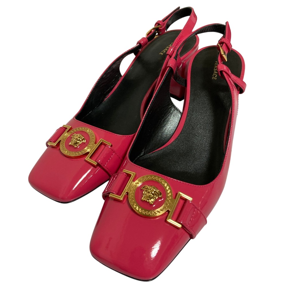 【中古】美品 VERSACE ヴェルサーチ メデューサ金具 スクエアトゥ スリングバックパンプス サイズ37 23.5cm相当 ピンク レディース Luxs ブランド古着のリュクス