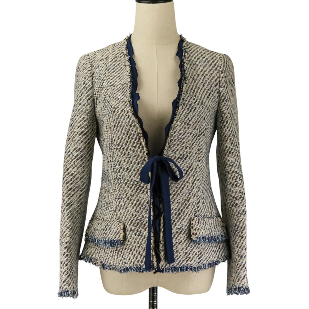 【中古】良品 ETRO エトロ ツイード ノーカラージャケット 40 ホワイト ブルー レディース Luxs ブランド古着のリュクス