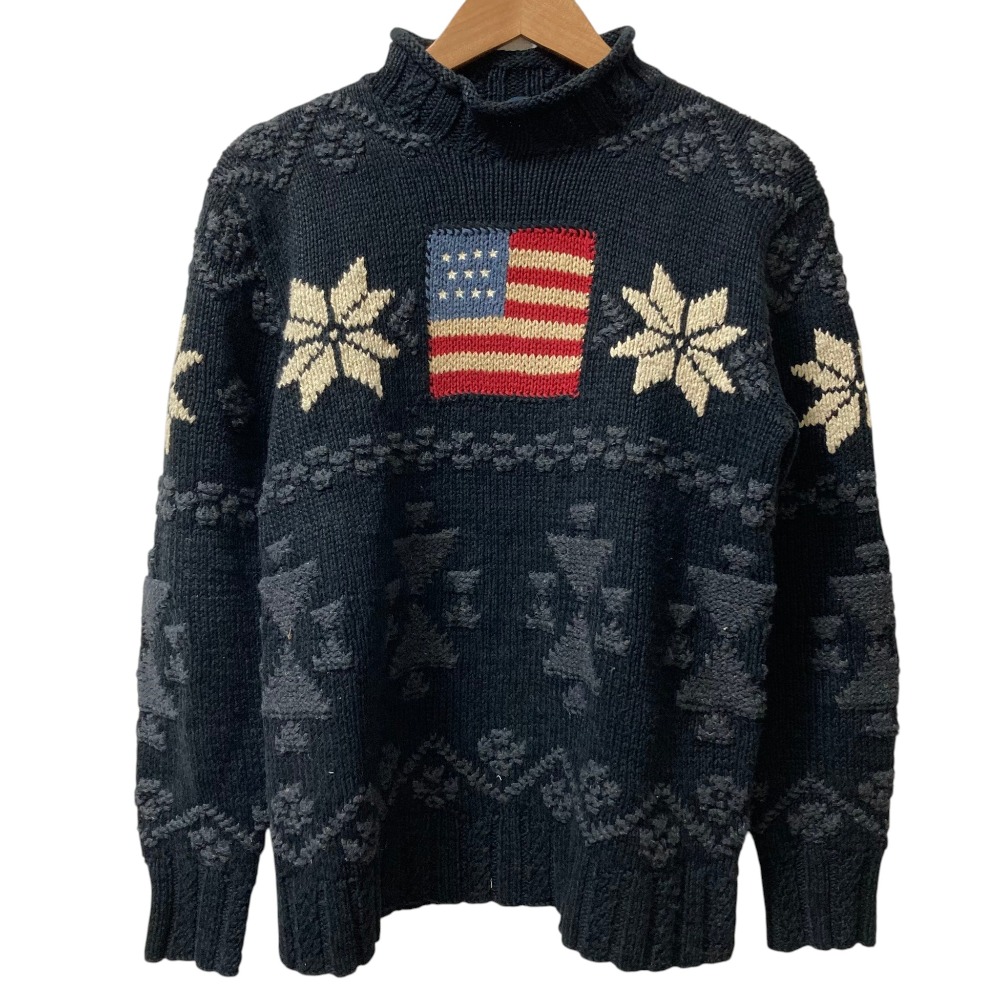 【中古】美品 POLO SPORT RALPH LAUREN ポロスポーツ ラルフローレン 星条旗 ハイネック ニット セーター サイズL ブラック×マルチカラー レディース Luxs ブランド古着のリュクス