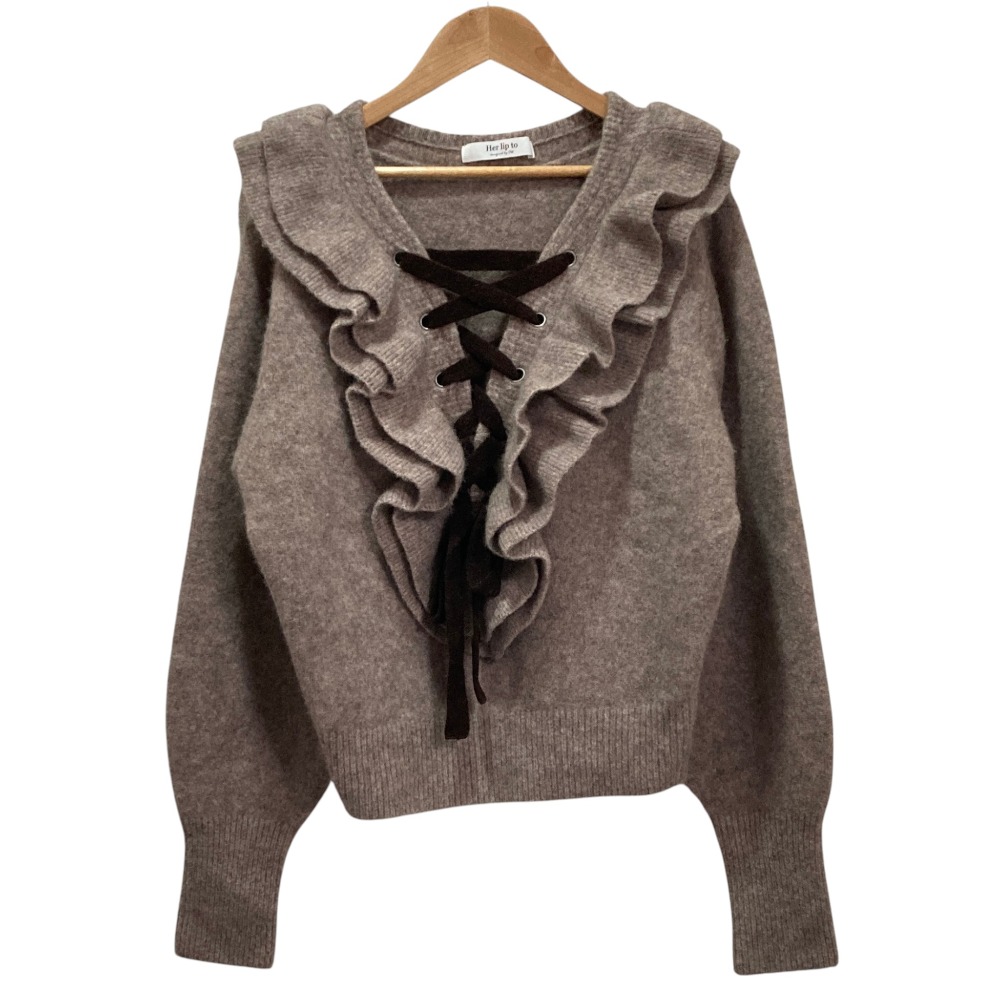 【中古】美品 Herlipto ハーリップトゥ Lace Up Wool-blend Pullover リボン ニット セーター FREE グレージュ レディース Luxs ブランド古着のリュクス