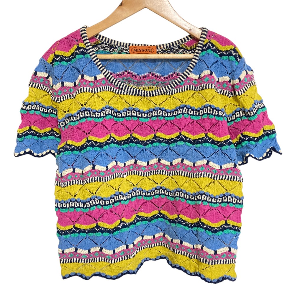 【中古】美品 MISSONI ミッソーニ ボーダー ショートスリーブ 3Dニット トップス カットソー 42 マルチカラー レディース Luxs ブランド古着のリュクス