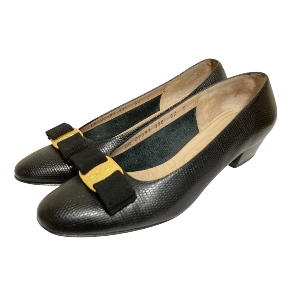 【中古】美品 Salvatore Ferragamo サルヴァトーレフェラガモ ヴァラリボン リザード型押し パンプス サイズ6 1/2 24cm相当 ブラック レディース Luxs ブランド古着のリュクス