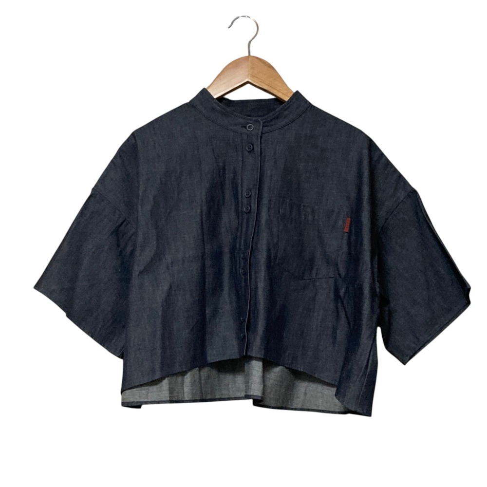 【中古】美品 AMERI アメリ OTONA COMPACT DENIM SHIRT 半袖 クロップド デニムシャツ F インディゴ レディース Luxs ブランド古着のリュクス