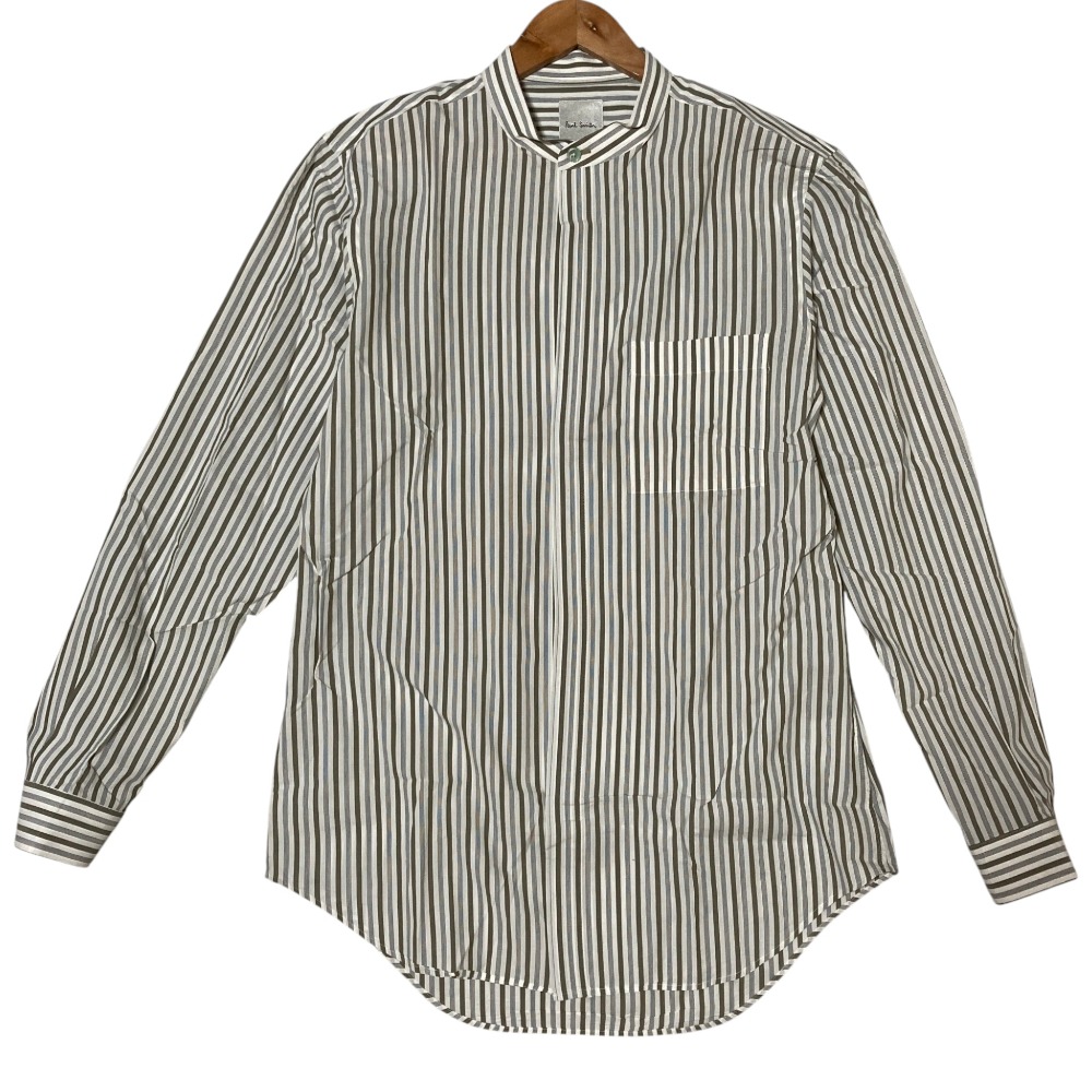 【中古】美品 24SS Paul Smith ポールスミス ロンドンストライプ バンドカラーシャツ 143359 509T サイズL カーキ マルチカラー メンズ Luxs ブランド古着のリュクス｜Luxs（ブランド古着のリュクス）