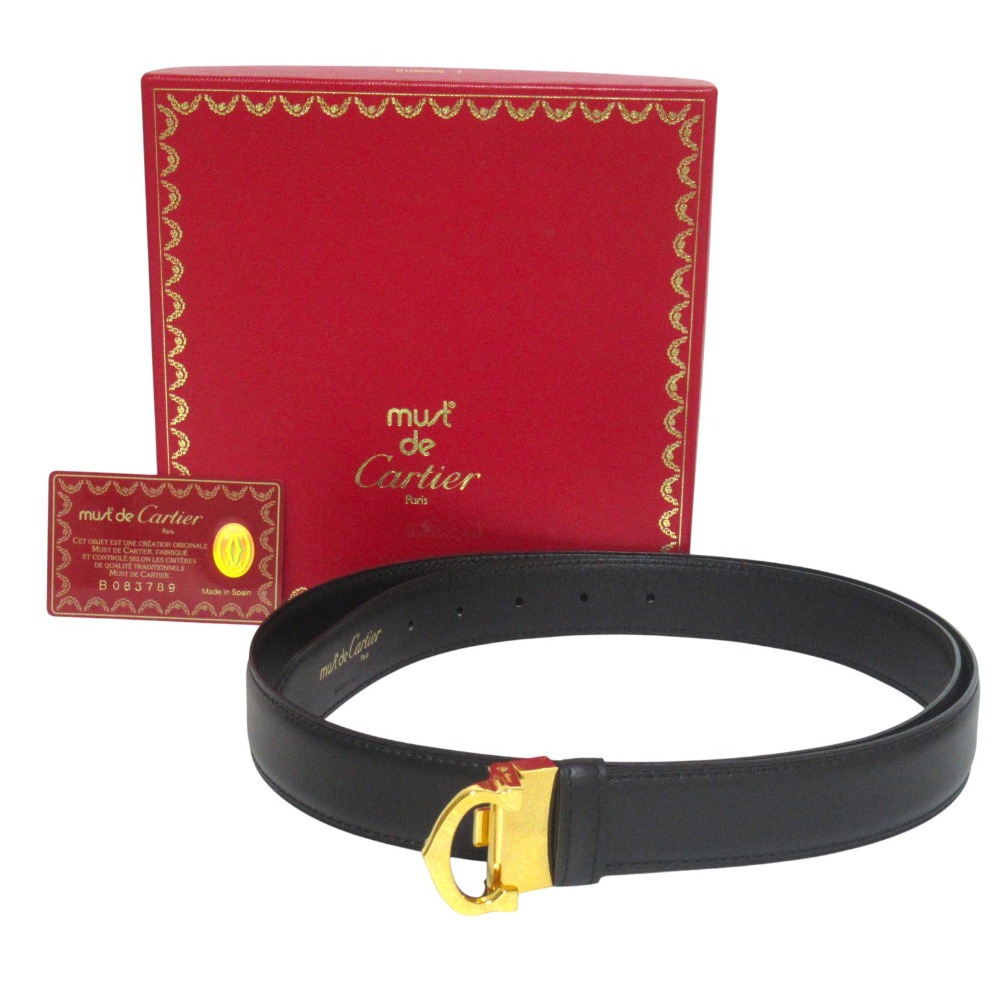 【中古】美品 Cartier カルティエ Cロゴバックル ギボシタイプ レザーベルト 110 43 ブラック×ゴールドカラー メンズ Luxs ブランド古着のリュクス