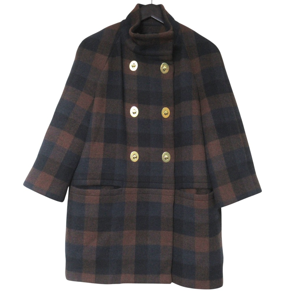 【中古】良品 COACH コーチ チェック柄 ターンロックボタン ダブルブレスト ウール コート F85185 Sサイズ ブラウン レディース Luxs ブランド古着のリュクス