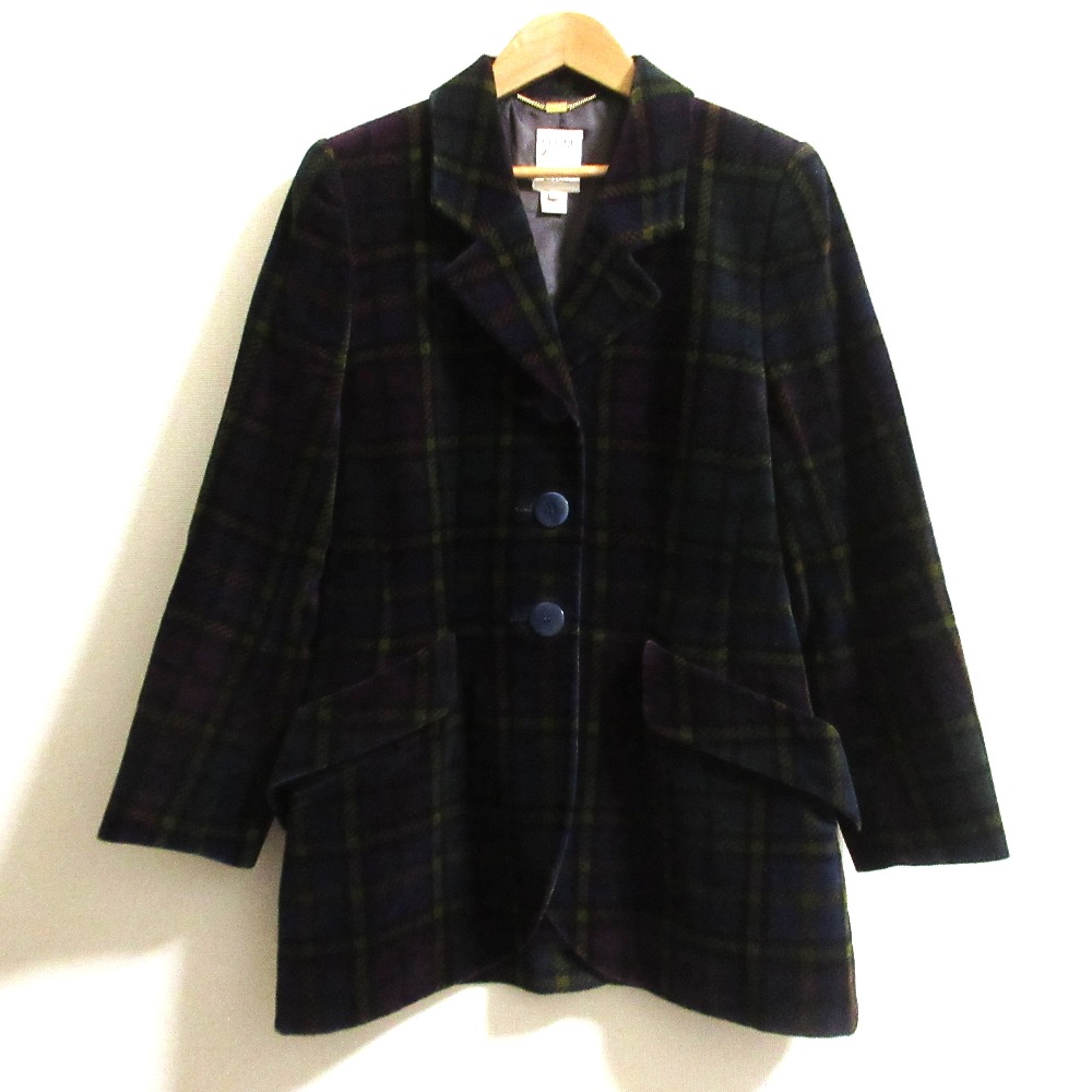 【中古】良品 CELINE セリーヌ ヴィンテージ ベロア チェックプリント ロングジャケット サイズ40 マルチカラー レディース Luxs ブランド古着のリュクス