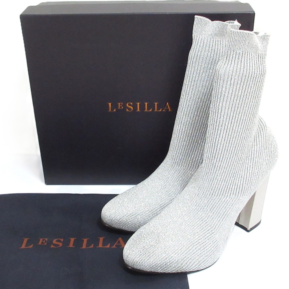【中古】新品同様 LE SILLA レシーラ ラメニット ショートブーツ 40 27cm相当 シルバーカラー レディース Luxs ブランド古着のリュクス