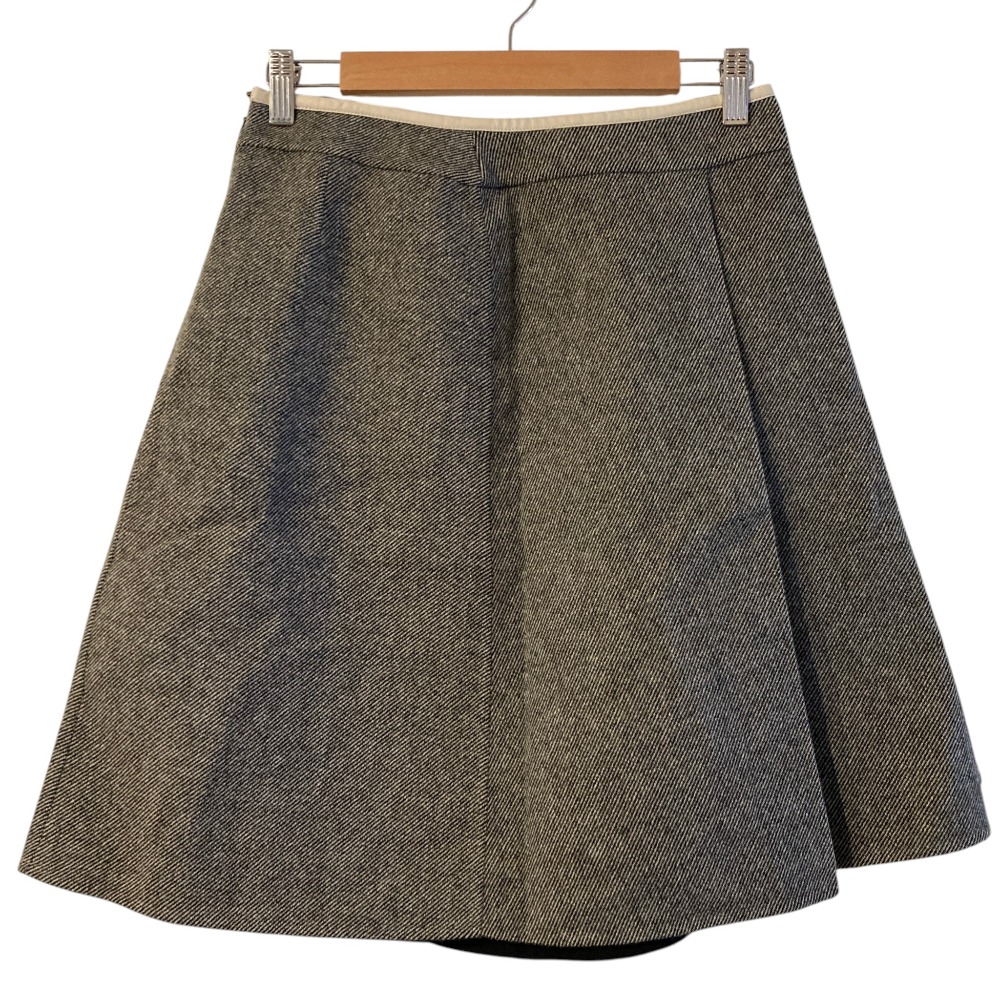 【中古】美品 CELINE セリーヌ ラムレザートリミング ウール ひざ丈 フレアスカート サイズ38 グレー レディース Luxs ブランド古着のリュクス