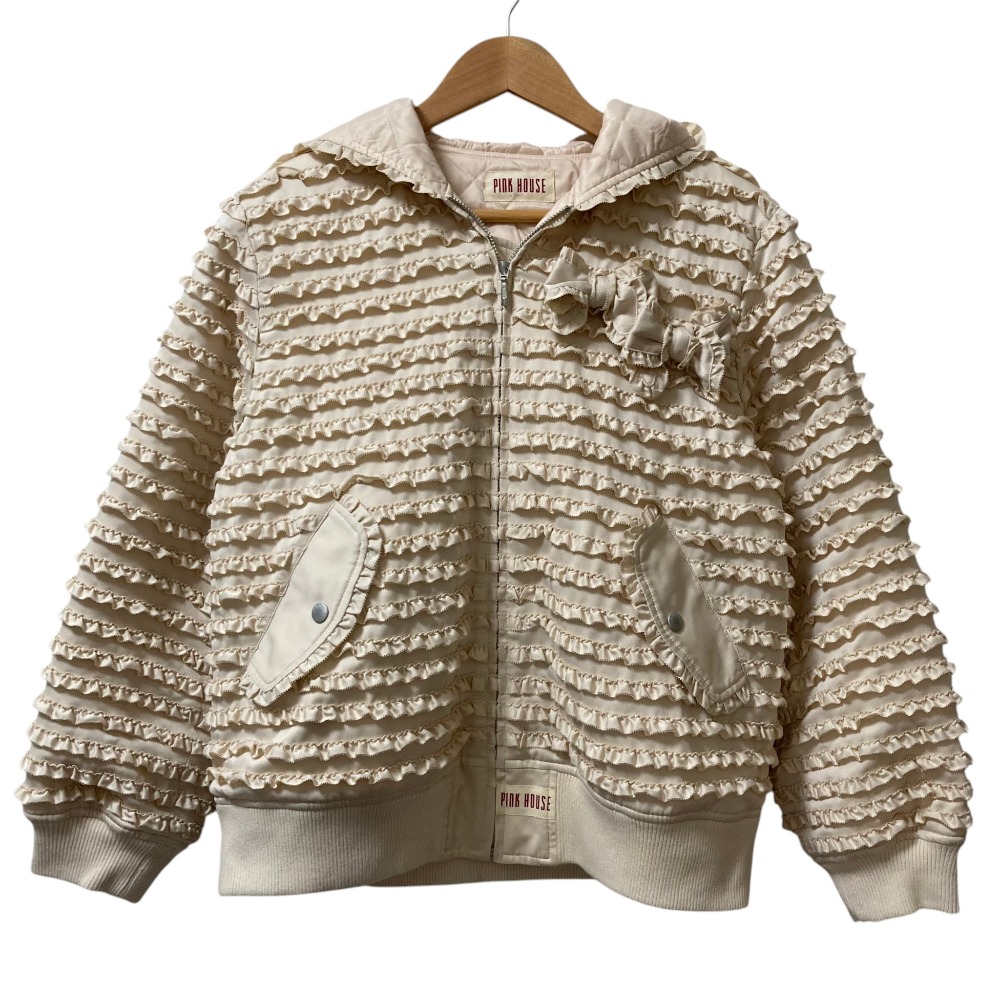 【中古】美品 PINK HOUSE ピンクハウス リボンブローチ付きフリルブルゾン A2111FJM071 サイズ4 ベージュ レディース Luxs ブランド古着のリュクス