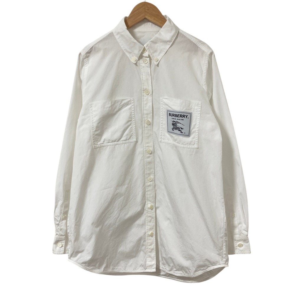 【中古】良品 BURBERRY バーバリー ロゴパッチ ボタンダウン ロングシャツ ブラウス サイズ38 175/84A ホワイト レディース Luxs ブランド古着のリュクス|Luxs(ブランド古着のリュクス)