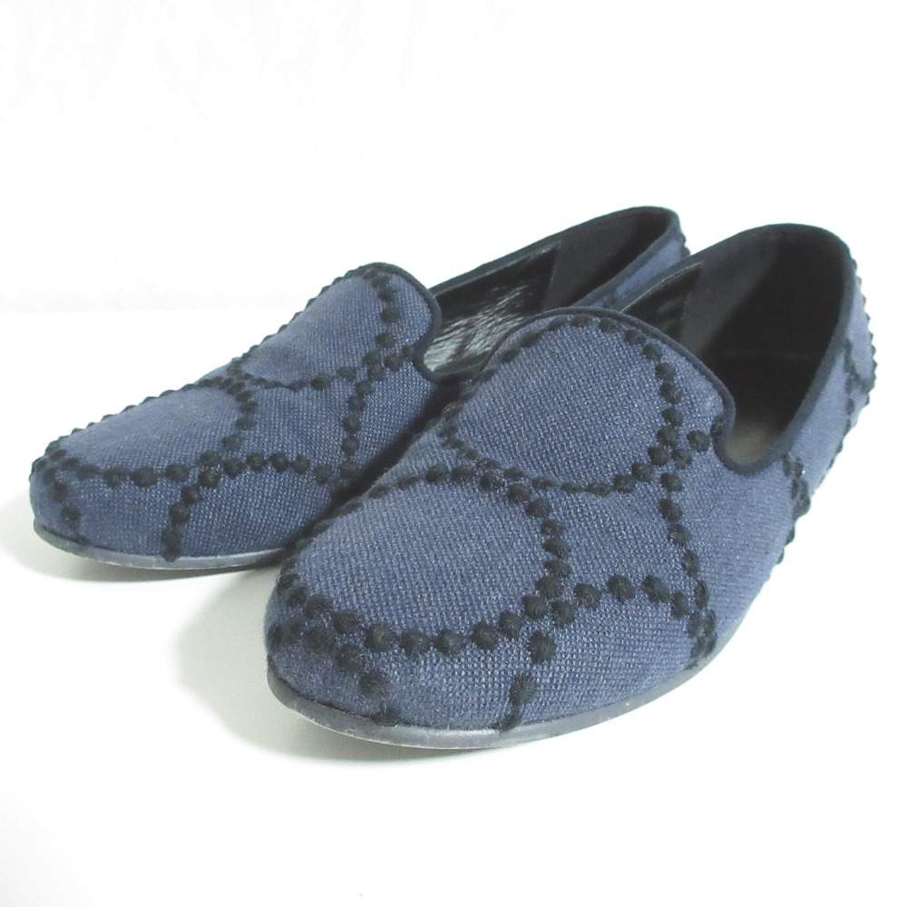 【中古】美品 mina perhonen ミナペルホネン aina 刺繍 パンプス フラットシューズ vs7235 22.5cm ネイビー レディース Luxs ブランド古着のリュクス
