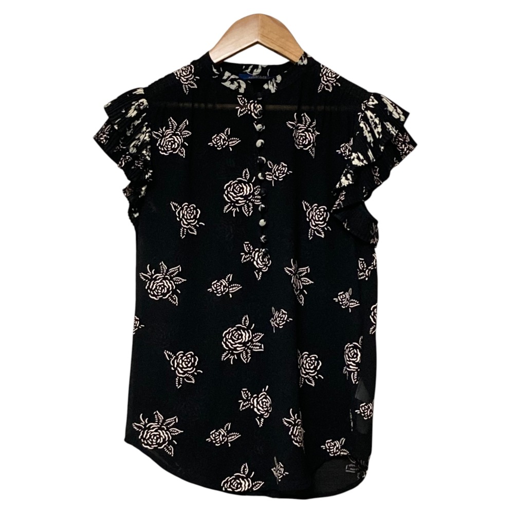 【中古】美品 POLO RALPH LAUREN ポロラルフローレン フラワープリント フリルスリーブ ブラウス シャツ XS ブラック レディース Luxs ブランド古着のリュクス