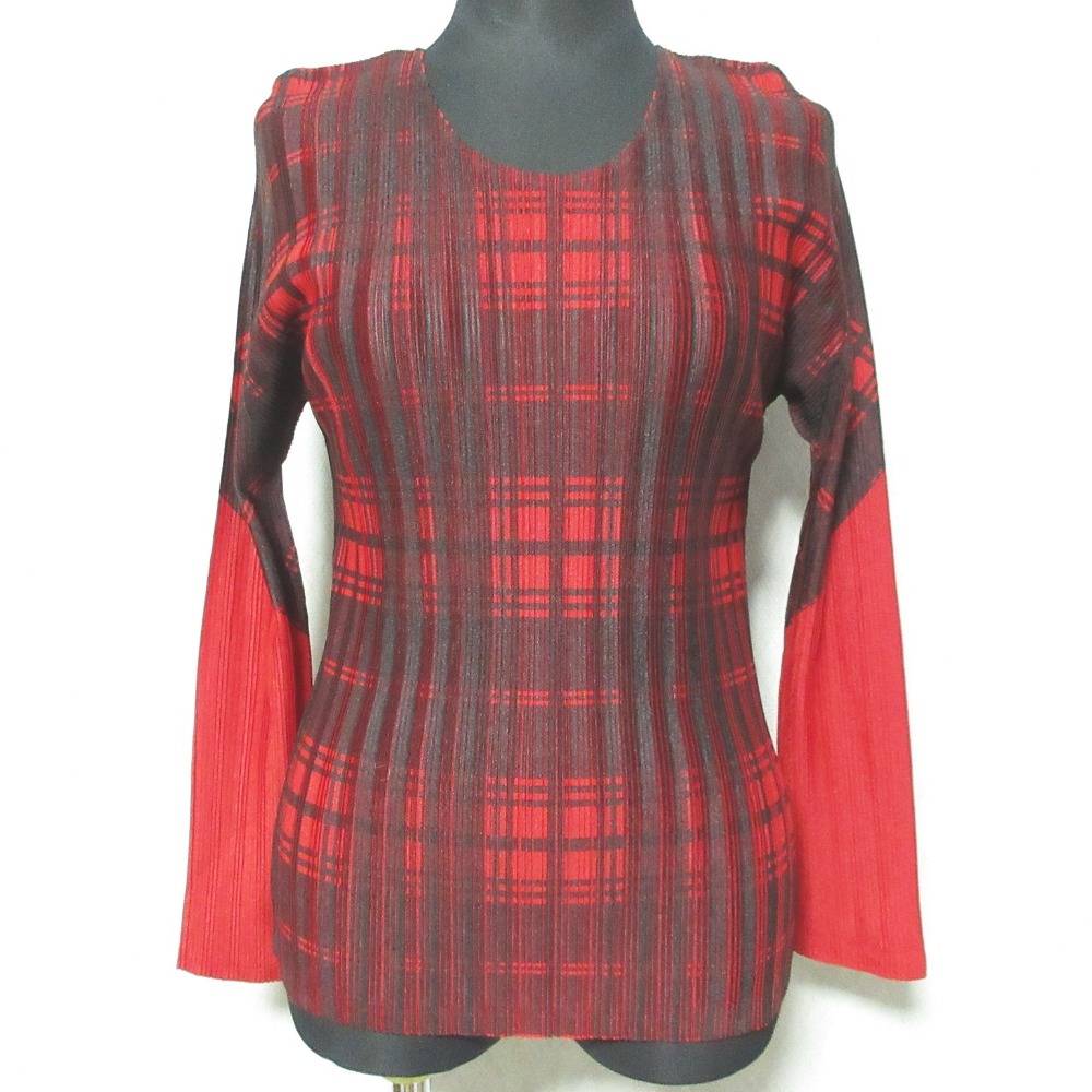 【中古】美品 PLEATS PLEASE ISSEY MIYAKE プリーツプリーズ イッセイミヤケ チェックカットソー PP41-FK331 サイズ3 レッド レディース Luxs ブランド古着のリュクス