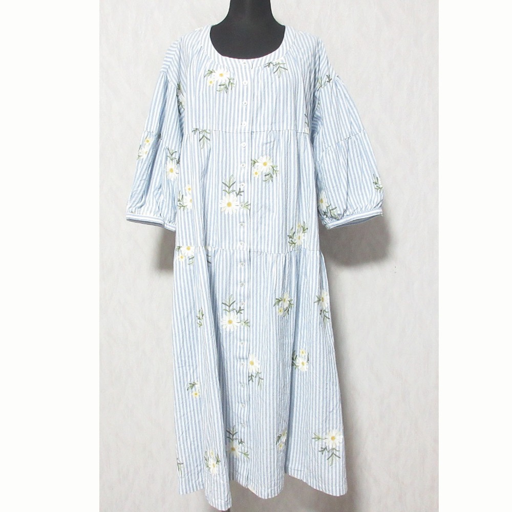 【中古】美品 PINK HOUSE ピンクハウス ストライプ ノーカラーシャツワンピース A2123FA011 ライトブルー ホワイト レディース Luxs ブランド古着のリュクス