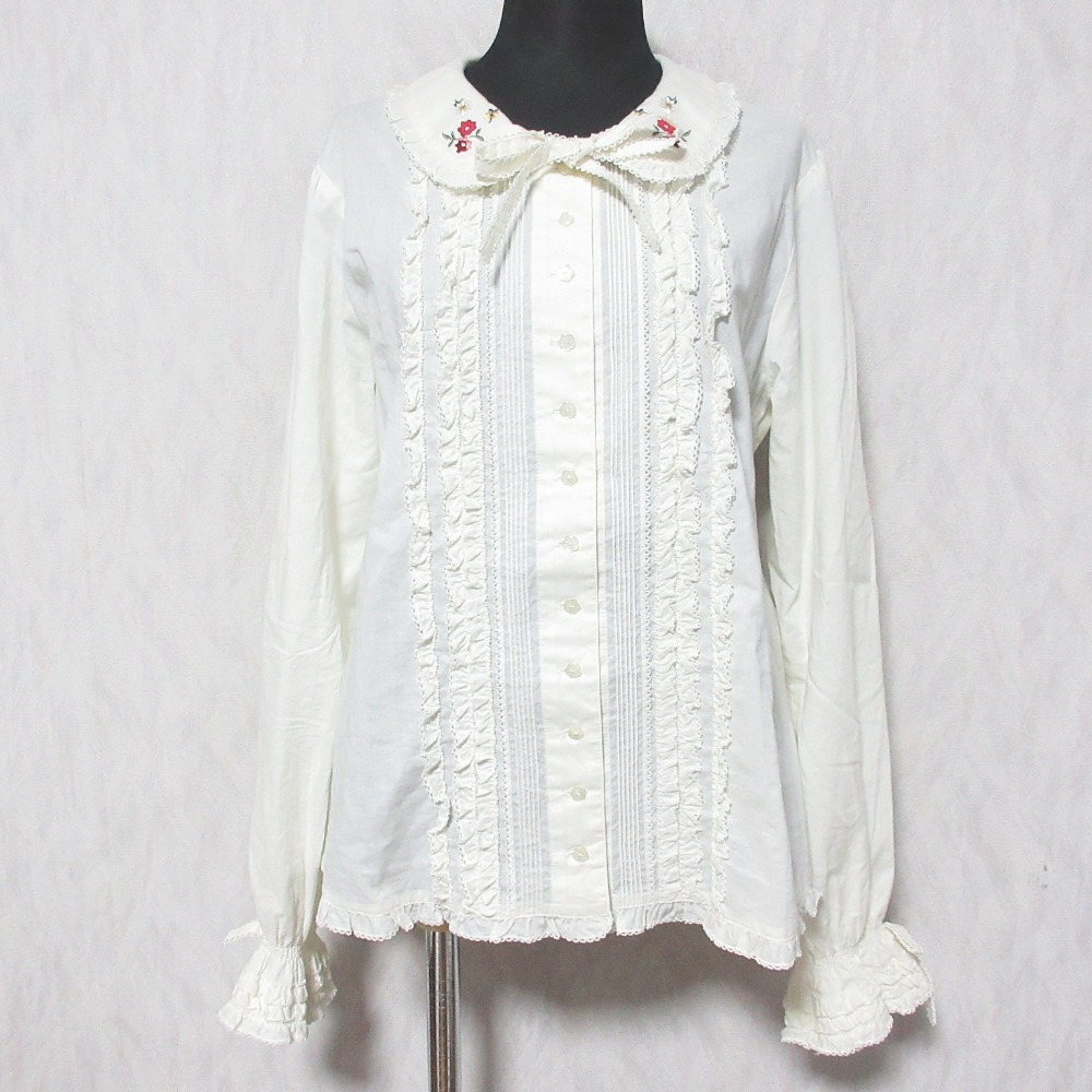 【中古】美品 PINK HOUSE ピンクハウス フラワー刺繍カラー ピコフリル プリーツ ブラウス シャツ A2103FB366 オフホワイト レディース Luxs ブランド古着のリュクス|Luxs(ブランド古着のリュクス)