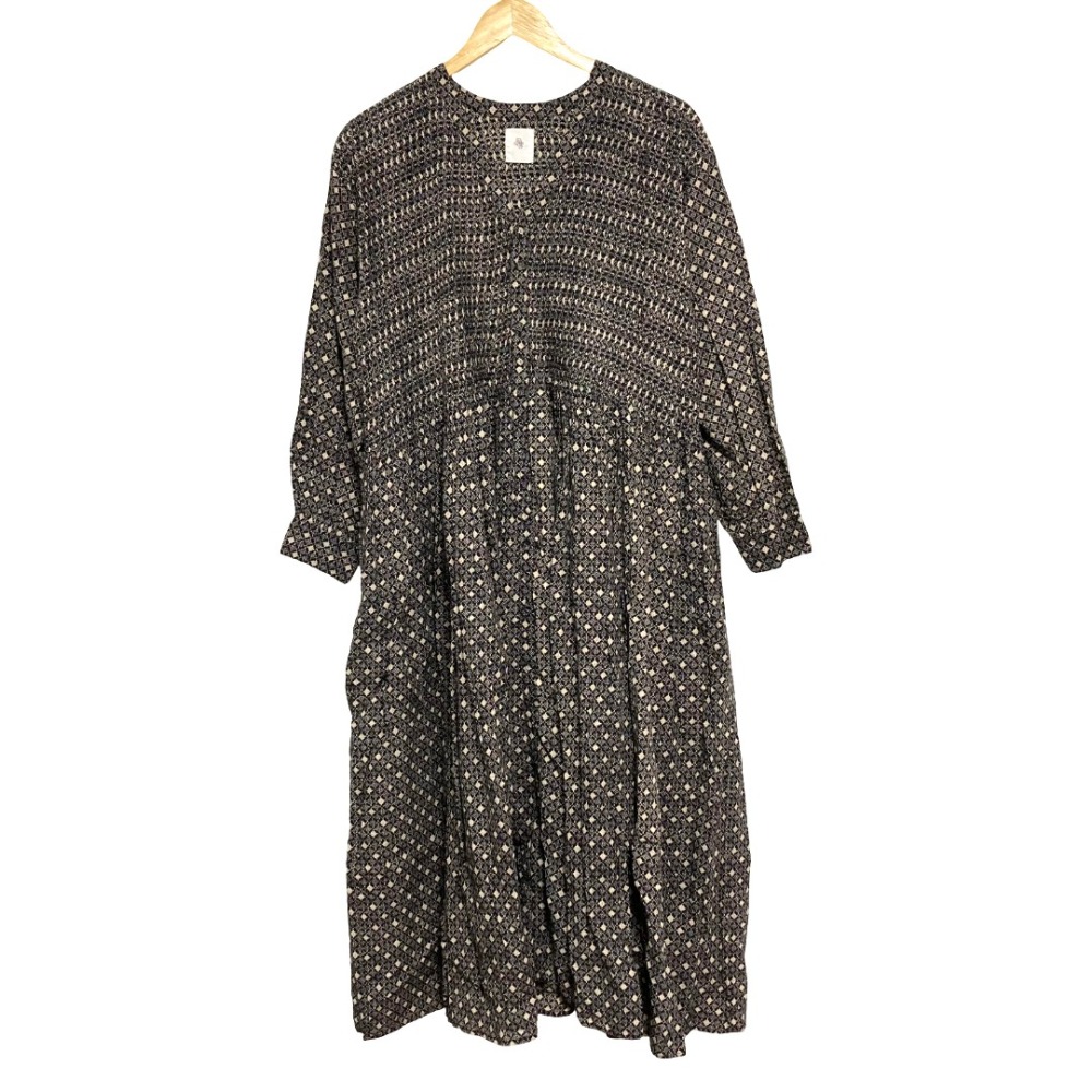 【中古】美品 maison de soil メゾンドソイル 小花柄ブロックプリント ピンタックギャザーワンピース サイズ2 ネイビー ベージュ レディース Luxs ブランド古着のリュクス