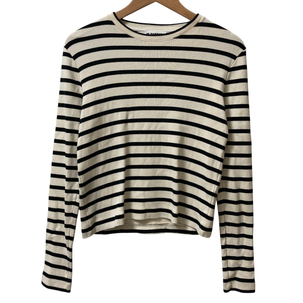 【中古】良品 23SS JIL SANDER+ ジルサンダープラス バッグロゴ ボーダー 長袖 Tシャツ サイズS ベージュ×ブラック レディース Luxs ブランド古着のリュクス