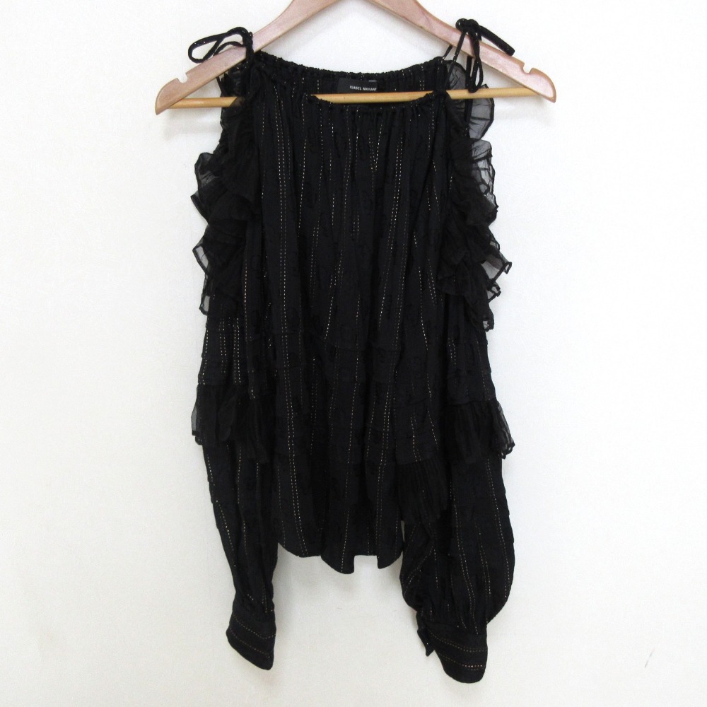 【中古】美品 ISABEL MARANT イザベルマラン シルクブレンド フリルスリーブ オフショルダー ブラウス シャツ サイズ36 ブラック レディース Luxs ブランド古着のリュクス