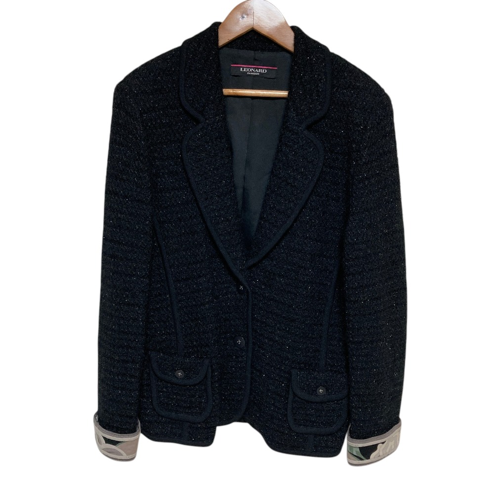 【中古】美品 LEONARD FASHION レオナールファッション フラワートリム ラメツイードジャケット M ブラック レディース Luxs ブランド古着のリュクス