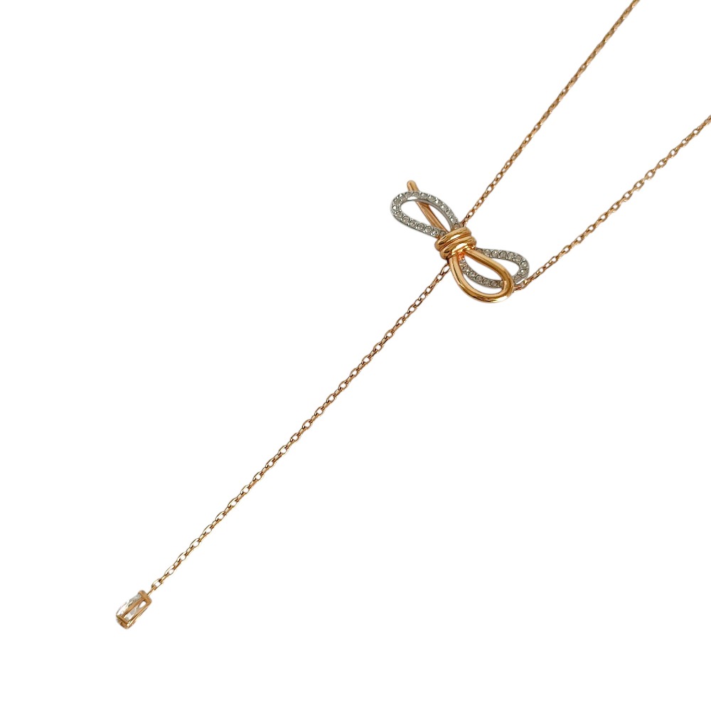 【中古】新品同様 SWAROVSKI スワロフスキー Lifelong Bow Necklace ラインストーン リボン チェーン ネックレス ゴールドカラー レディース Luxs ブランド古着のリュクス