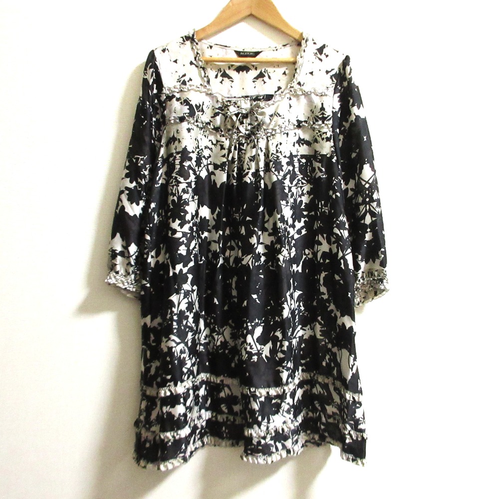 【中古】良品 INGEBORG インゲボルグ フラワープリント リボン ピコフリル チュニック ワンピース サイズ11 ブラック ホワイト レディース Luxs ブランド古着のリュクス