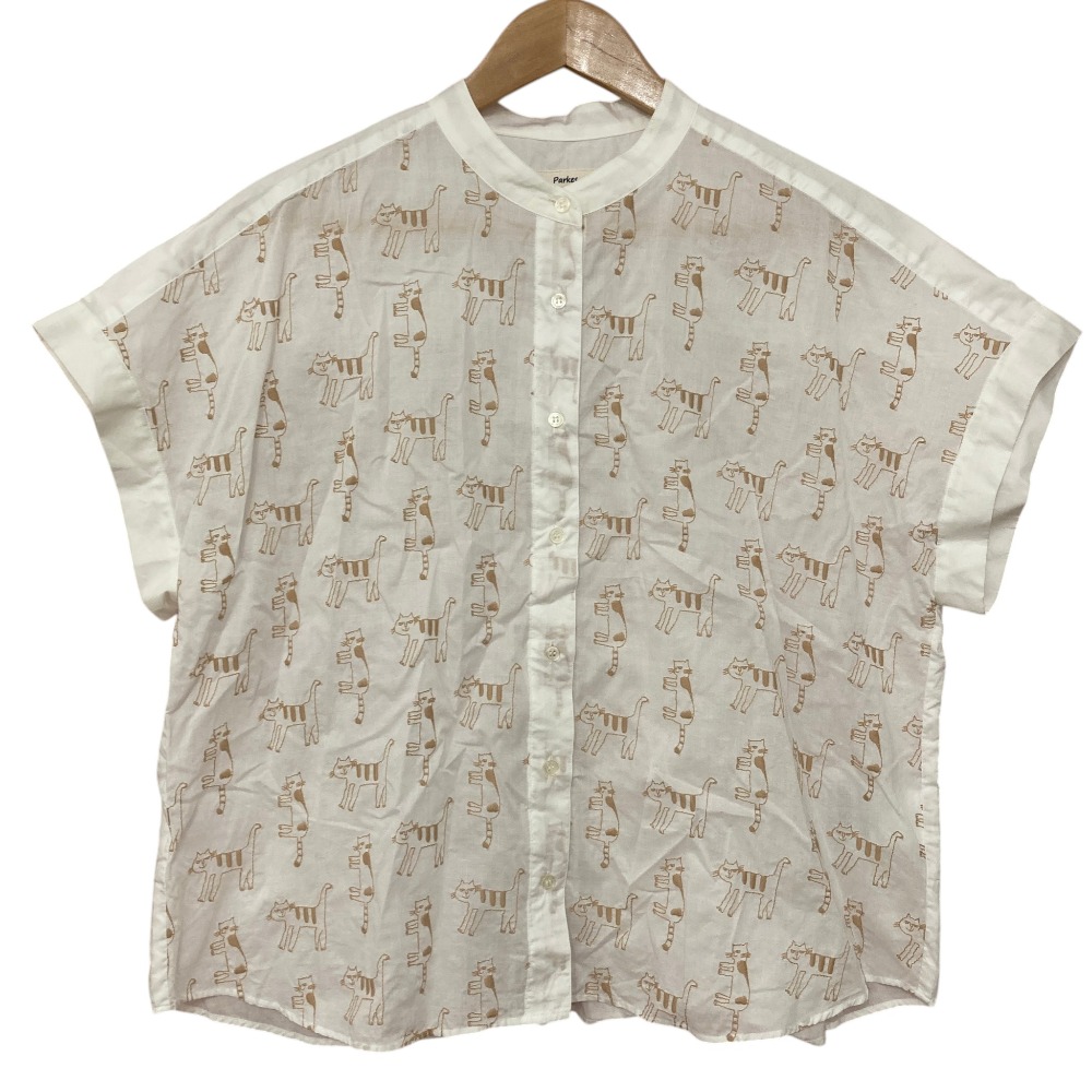 【中古】美品 Parkes パークス フレンチスリーブ スタンドカラー 猫柄刺繍シャツ ブラウス サイズM ホワイト レディース Luxs ブランド古着のリュクス
